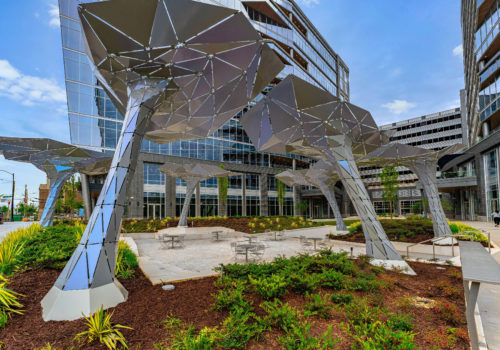 Photo of sculptural canopy by Charltote artist, Ivan Depena, at Vantage South End